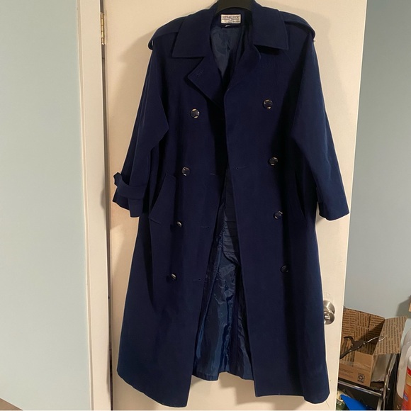 Vintage 80s Ultrasuede Blue Trench Coat Sz 12 USA Union Made Long Overcoat Class - Picture 2 of 9